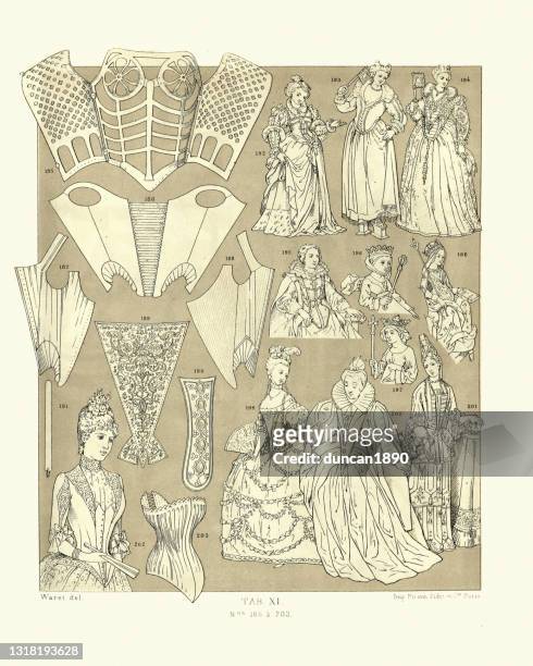 geschichte der mode, womenswear, korsetts, 17. bis 19. jahrhundert - vintage corset stock-grafiken, -clipart, -cartoons und -symbole