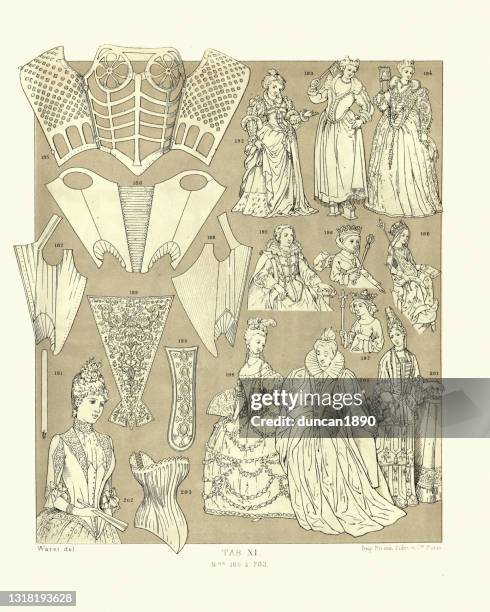 ilustraciones, imágenes clip art, dibujos animados e iconos de stock de historia de la moda, ropa de mujer, corsés, siglos xvii al xix - corsé