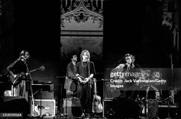 American musician and singer-songwriter Jeff Buckley performs with singer Julia Hayward during 'Greetings from Tim Buckley,' a tribute concert to his...