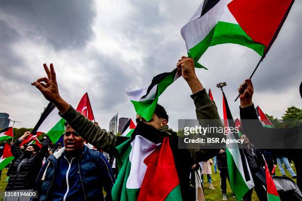 Protesters are seen during a pro-Palestine protest on the Malieveld on May 15, 2021 in The Hague, Netherlands. Hundreds of people turned up at...