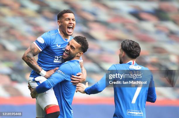 James Tavernier of Rangers celebrates with team mate Connor Goldson after he scores the opening goal during the Scottish Premiership match between...