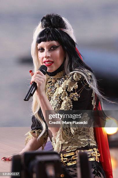 Lady Gaga attends the 'Le Grand Journal' tv show at Martinez Beach Pier on May 11, 2011 in Cannes, France.