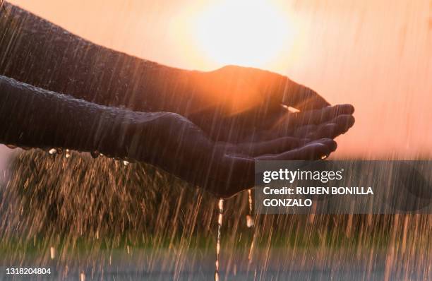 raindrops falling against caucasian hands at sunset - torrential rain stock pictures, royalty-free photos & images