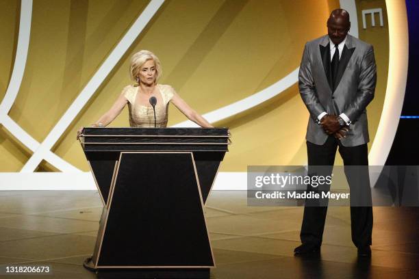 Class of 2020 inductee, Kim Mulkey speaks alongside presenter Michael Jordan during the 2021 Basketball Hall of Fame Enshrinement Ceremony at Mohegan...