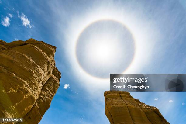 beautiful sun halo in zanda valley, tibet - sundog stock pictures, royalty-free photos & images