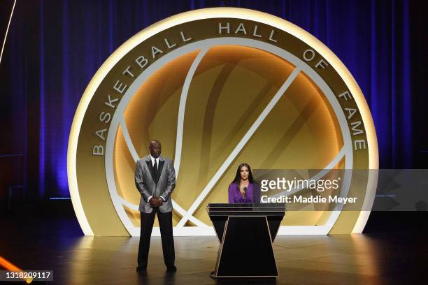 Vanessa Bryant speaks on behalf of Class of 2020 inductee, Kobe Bryant alongside presenter Michael Jordan during the 2021 Basketball Hall of Fame...