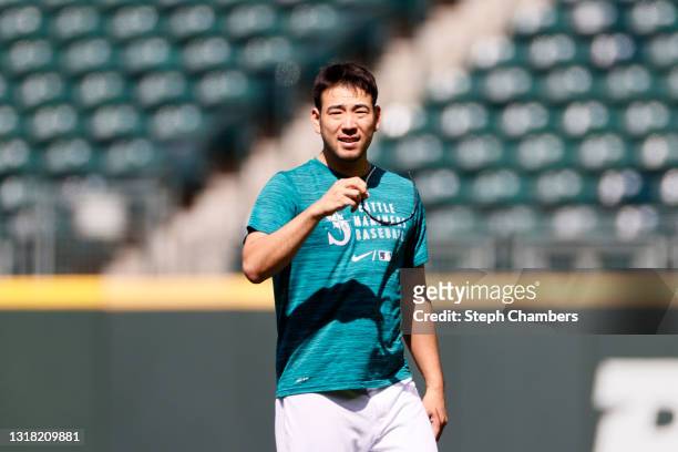 Yusei Kikuchi of the Seattle Mariners looks on before the game against the Cleveland Indians at T-Mobile Park on May 15, 2021 in Seattle, Washington.