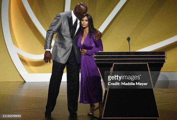Vanessa Bryant is greeted by presenter Michael Jordan after speaking on behalf of Class of 2020 inductee, Kobe Bryant during the 2021 Basketball Hall...