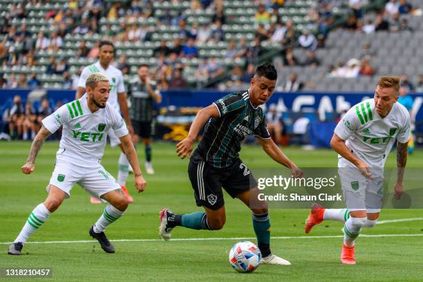 Efrain Alvarez of Los Angeles Galaxy slices through the defense during the match against Austin FC at the Dignity Health Sports Park on May 15, 2021...