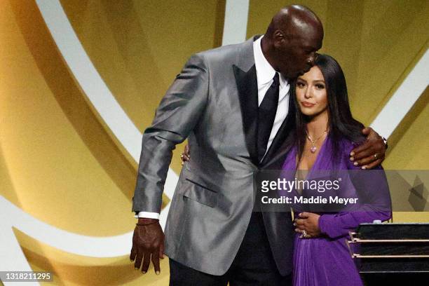 Vanessa Bryant is greeted by presenter Michael Jordan after speaking on behalf of Class of 2020 inductee, Kobe Bryant during the 2021 Basketball Hall...