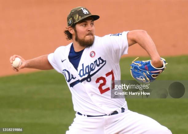Trevor Bauer of the Los Angeles Dodgers pitches to the Miami Marlins during the first inning at Dodger Stadium on May 15, 2021 in Los Angeles,...