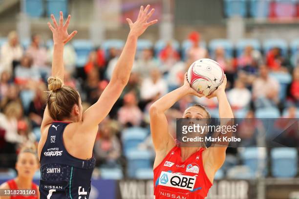 Paige Hadley of the Swifts looks to pass during the round three Super Netball match between Sydney Swifts and Melbourne Vixens at Ken Rosewall Arena,...