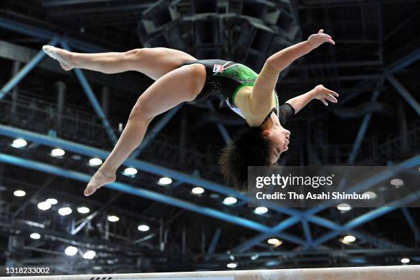 Mai Murakami competes on the Balance Beam of Women's All Around on day one of the Artistic Gymnastics NHK Trophy at the Big Hat on May 15, 2021 in...