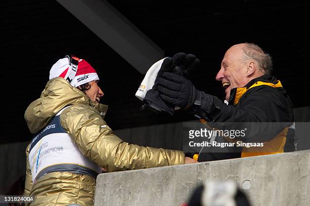 Marit Bjoergen of Norway in audience with King Harald V of Norway after winning the gold medal in the FIS Nordic World Ski Championship 2011 Ladies...
