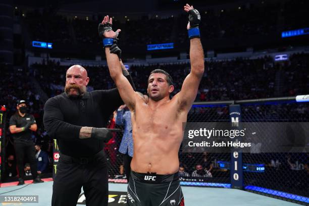 Beneil Dariush reacts after defeating Tony Ferguson in their lightweight bout during the UFC 262 event at Toyota Center on May 15, 2021 in Houston,...