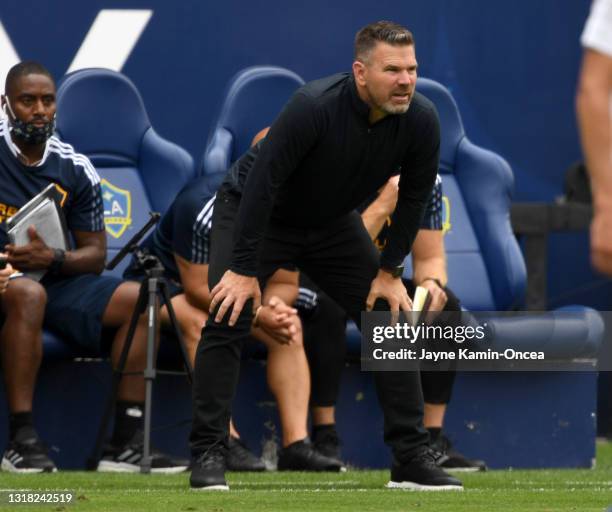 Head coach Greg Vanney looks on from the bench during the game against Austin FC at Dignity Health Sports Park on May 15, 2021 in Carson, California.