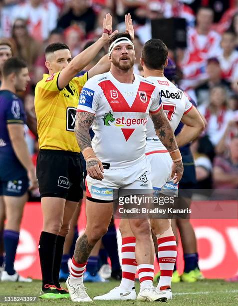 Josh McGuire of the Dragons is sent to the sin bin during the round 10 NRL match between the Melbourne Storm and the St George Illawarra Dragons at...