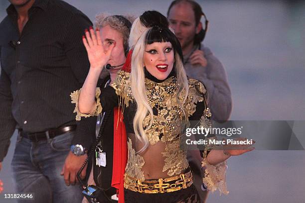 Lady Gaga attends the 'Le Grand Journal' tv show at Martinez Beach Pier on May 11, 2011 in Cannes, France.