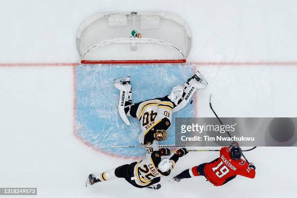 Tuukka Rask of the Boston Bruins blocks a shot by Nicklas Backstrom of the Washington Capitals during the first period during Game One of the First...