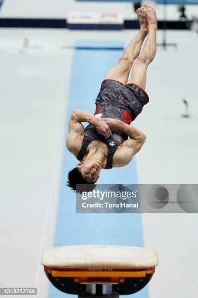 Daiki Hashimoto competes on the Vault on day two of the Artistic Gymnastics NHK Trophy at the Big Hat on May 16, 2021 in Nagano, Japan.