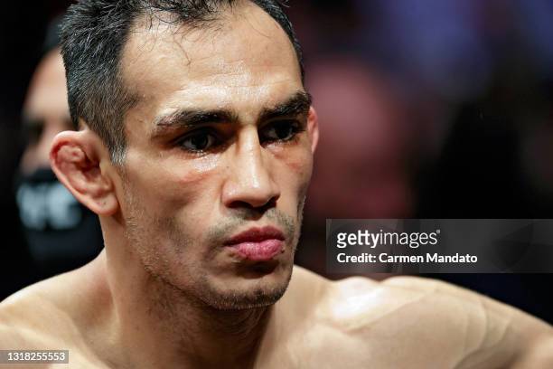 Tony Ferguson looks on prior to facing Beneil Dariush of Iran during their Lightweight Bout at the UFC 262 event at Toyota Center on May 15, 2021 in...