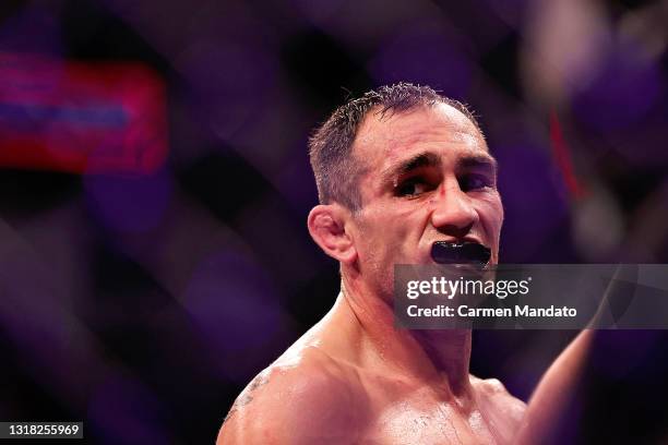 Tony Ferguson looks on after being defeated by Beneil Dariush of Iran during their Lightweight Bout at the UFC 262 event at Toyota Center on May 15,...