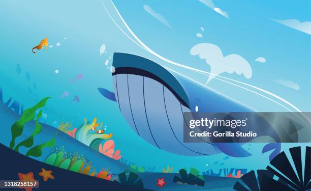 whale swimming happily in ocean, surrounded by ocean life. - starfish background stock illustrations