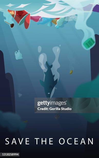 shark trying to escape from the oceans pollution. - ocean rescue stock illustrations