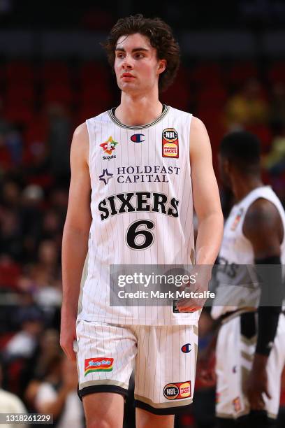 Josh Giddey of the 36ers looks dejected during the round 18 NBL match between Sydney Kings and Adelaide 36ers at Qudos Bank Arena, on May 16 in...