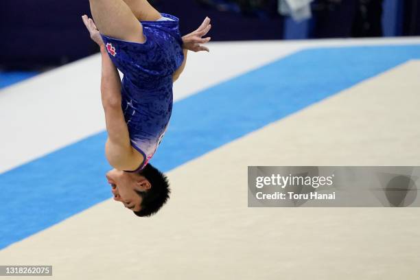 Kenzo Shirai competes on the Floor on day two of the Artistic Gymnastics NHK Trophy at the Big Hat on May 16, 2021 in Nagano, Japan.