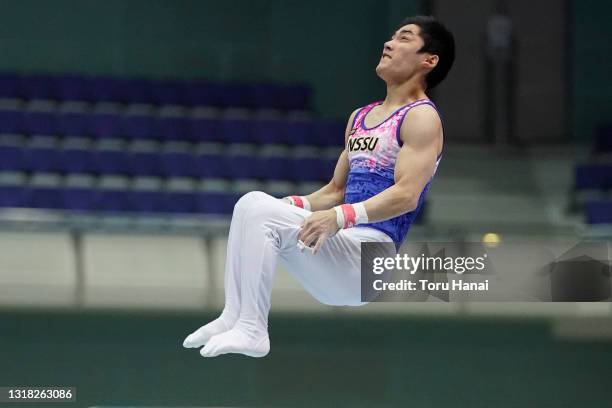 Kenzo Shirai competes on the Horizontal Bar on day two of the Artistic Gymnastics NHK Trophy at the Big Hat on May 16, 2021 in Nagano, Japan.