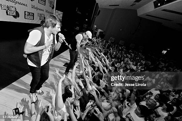 Image has been converted to black and white.) James Maslow and Big Time Rush perform at Sycamore High School on October 29, 2010 in Sycamore,...