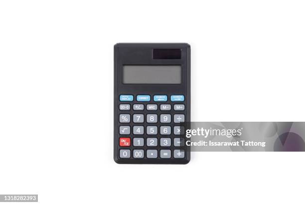 black digital calculator on the top view white background - calcolatrice foto e immagini stock