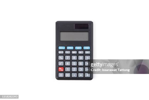 black digital calculator on the top view white background - calculator on white stockfoto's en -beelden