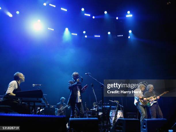 Alan Clark, Mick Feat, Chris White, Jamie Squire, Terence Reis and Phil Palmer of The Straits perform at a one off Charity event in aid of The Lord's...