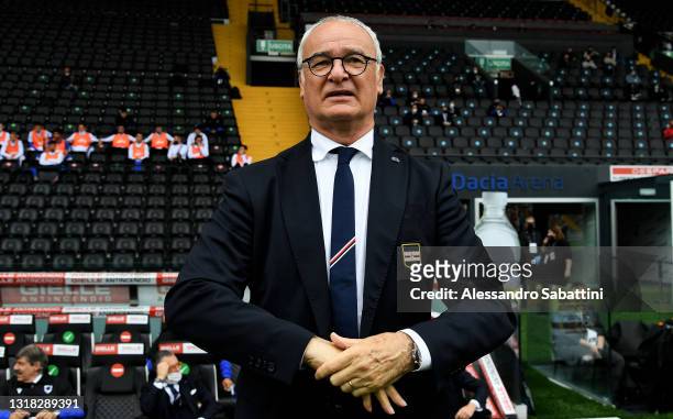 Claudio Ranieri, Head Coach of U.C. Sampdoria looks on prior to the Serie A match between Udinese Calcio and UC Sampdoria at Dacia Arena on May 16,...