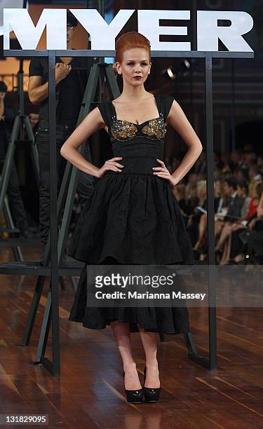 Model showcases designs by Toni Maticevski on the catwalk during the Myer Autumn/Winter Season Launch 2011 Show at The Royal Exhibition Building on...