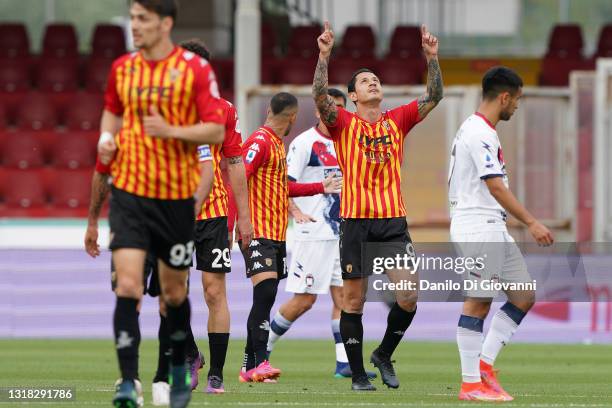 Gianluca Lapadula of Benevento Calcio celebrate after scoring a goal during the Serie A match between Benevento Calcio and FC Crotone at Stadio Ciro...