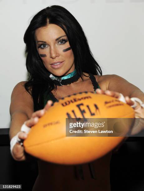 Model/actress Angelica Bridges from the Lingerie Football League's newly-formed Las Vegas team unveils the 2011 Lingerie Bowl official game uniforms...