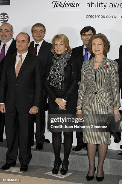 Miguel Sebastian, Esperanza Aguirre and queen Sofia of Spain attend 'Telefonica Ability Awards' at Telefonica headquarters on January 17, 2011 in...