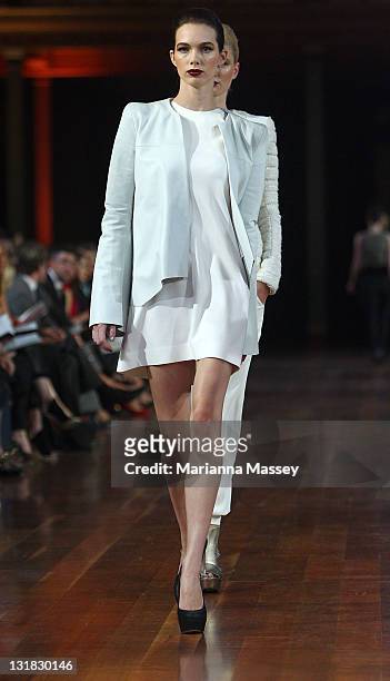Model showcases designs by Ellery on the catwalk during the Myer Autumn/Winter Season Launch 2011 Show at The Royal Exhibition Building on March 1,...