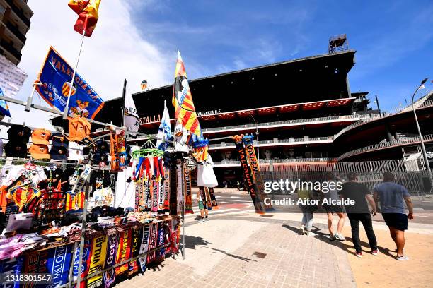 General view of merchandise being sold outside the stadium as fans arrive prior to the La Liga Santander match between Valencia CF and SD Eibar at...