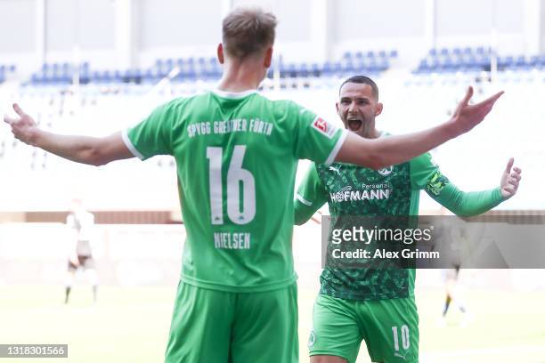 Havard Nielsen of Greuther Fürth celebrates his team's second goal with teammate Havard Nielsen during the Second Bundesliga match between SC...