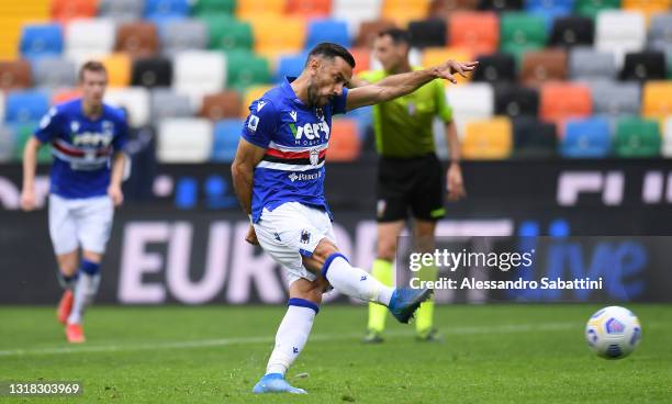 Fabio Quagliarella of U.C. Sampdoria scores their team's first goal from the penalty spot during the Serie A match between Udinese Calcio and UC...