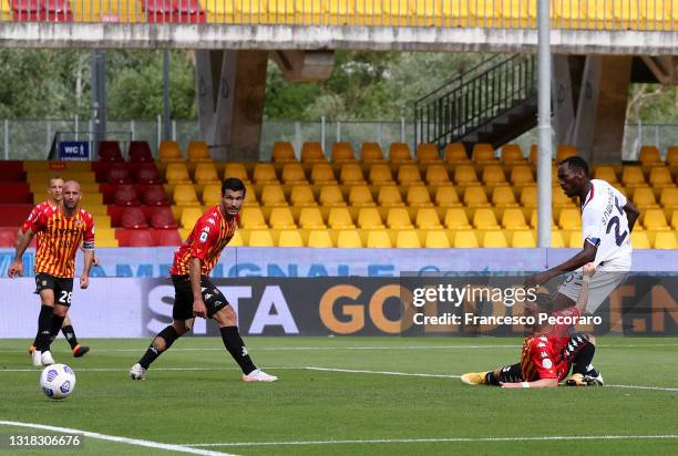 Simy Nwankwo of F.C. Crotone scores their team's first goal during the Serie A match between Benevento Calcio and FC Crotone at Stadio Ciro Vigorito...