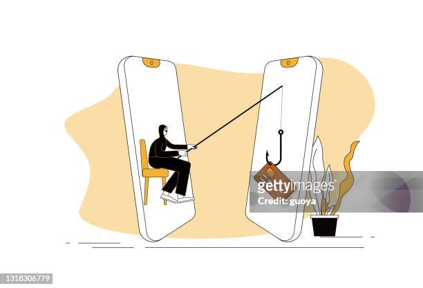 hackers steal bank cards from mobile phones. - internet scam stock illustrations