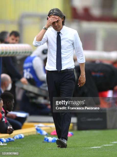Filippo Inzaghi, Head Coach of Benevento Calcio looks dejected during the Serie A match between Benevento Calcio and FC Crotone at Stadio Ciro...