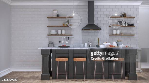 cucina marrone classica vuota con isola rettangolare della cucina rustica per la colazione - punto di vista frontale foto e immagini stock