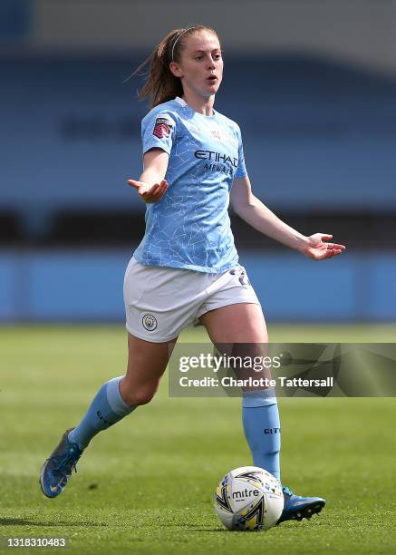 Keira Walsh of Manchester City runs with the ball during the Vitality Women's FA Cup 5th Round match between Manchester City and West Ham United at...