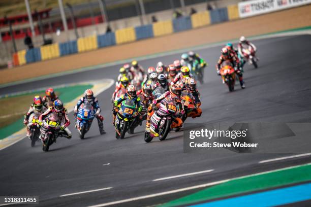 Moto3 race start - Moto3 rider Andrea Migno of Italy and Rivacold Snipers Team leads at Bugatti Circuit on May 16, 2021 in Le Mans, France.